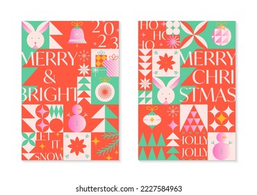 Christmas and Happy New Year greeting banners templates.Festive vector backgrounds in bauhaus style.Traditional winter holiday symbols.Xmas trendy designs for branding,invitations,prints,social media