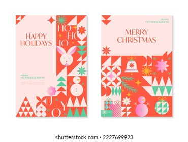 Christmas and Happy New Year greeting banners templates.Festive vector backgrounds in bauhaus style.Traditional winter holiday symbols.Xmas trendy designs for branding,invitations,prints,social media