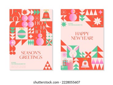 Christmas and Happy New Year greeting banners templates.Festive vector backgrounds in bauhaus style.Traditional winter holiday symbols.Xmas trendy designs for branding,invitations,prints,social media