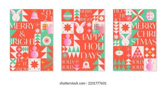 Christmas and Happy New Year greeting banners templates.Festive vector backgrounds in bauhaus style.Traditional winter holiday symbols.Xmas trendy designs for branding,invitations,prints,social media