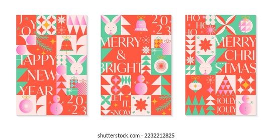 Christmas and Happy New Year greeting banners templates.Festive vector backgrounds in bauhaus style.Traditional winter holiday symbols.Xmas trendy designs for branding,invitations,prints,social media