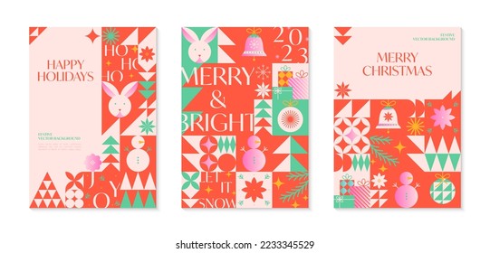 Christmas and Happy New Year greeting banners templates.Festive vector backgrounds in bauhaus style.Traditional winter holiday symbols.Xmas trendy designs for branding,invitations,prints,social media