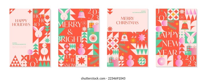 Christmas and Happy New Year greeting banners templates.Festive vector backgrounds in bauhaus style.Traditional winter holiday symbols.Xmas trendy designs for branding,invitations,prints,social media