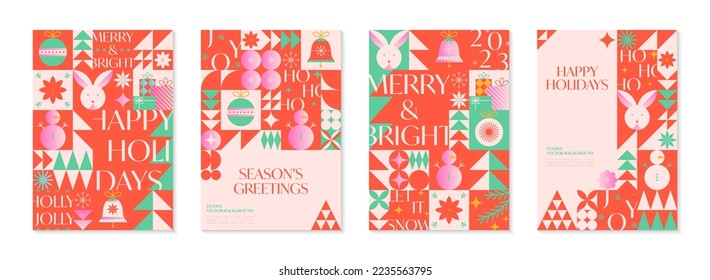 Christmas and Happy New Year greeting banners templates.Festive vector backgrounds in bauhaus style.Traditional winter holiday symbols.Xmas trendy designs for branding,invitations,prints,social media