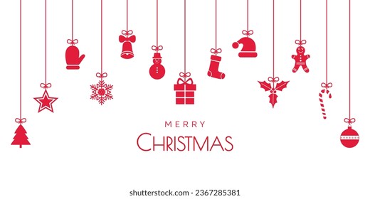 Christmas Happy New Year greeting card banner with holiday symbols ornaments on strings Merry Christmas text red on white. Template with copy space