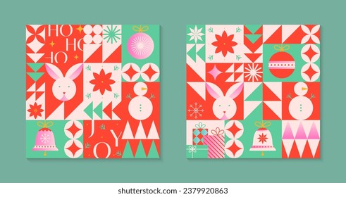 Christmas and Happy New Year greeting card templates.Festive vector backgrounds in flat modern style with traditional winter holiday symbols.Xmas pattern designs for branding,invitations,prints,smm