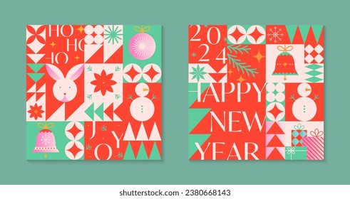 Christmas and Happy New Year greeting card templates.Festive vector backgrounds in flat modern style with traditional winter holiday symbols.Xmas pattern designs for branding,invitations,prints,smm