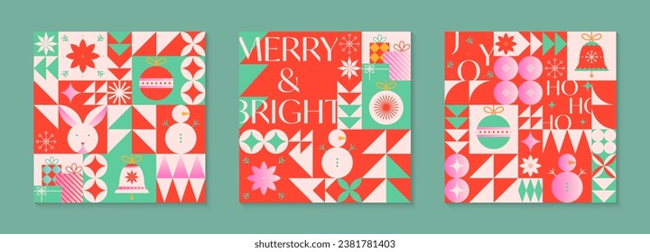 Christmas and Happy New Year greeting card templates.Festive vector backgrounds in flat modern style with traditional winter holiday symbols.Xmas pattern designs for branding,invitations,prints,smm