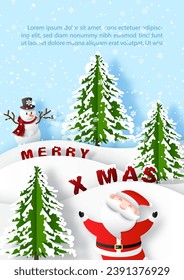 Christmas and happy new year greeting card and Santa Claus, snowman in paper cut style, example texts on blue background. 