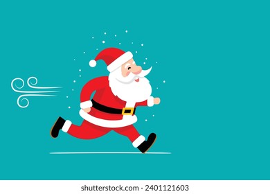 Christmas Happy New Year greeting card banner with funny cartoon Santa Claus running under snow on blue turquoise background. Template with copy space