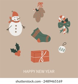 Christmas and Happy New Year greeting card, poster or invitation. Snowman, tree toys, sock, mitten, gift. Xmas templates with space for text. Hand drawn vector illustration