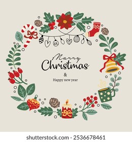 Christmas and Happy new year greeting vector card , Christmas themed wreath, Christmas Background, Holiday Christmas element art vector illustration