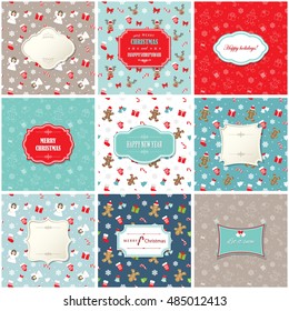 Christmas and Happy New Year greeting card templates set. Frames with seamless patterns can be used in different variations. For print and web.