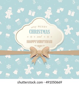Christmas and Happy New Year greeting card template with golden bow. Vintage design. For print and web.