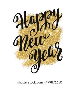 Christmas and Happy New Year greeting holidays hand lettering collage. Decorative illustration with golden glitter texture. Vector elements for your design on white background.