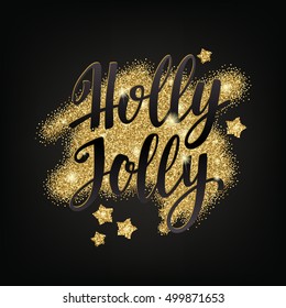 Christmas and Happy New Year greeting holidays hand lettering collage. Decorative illustration with golden glitter texture. Vector elements for your design on chalkboard dark background.