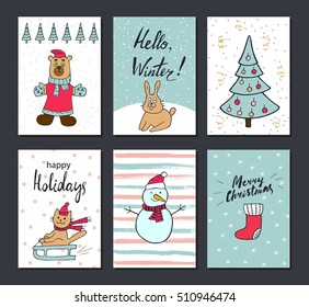Christmas and Happy New Year greeting cards with calligraphy. Cute Hand drawn holiday cards and invitations. Handwritten modern lettering