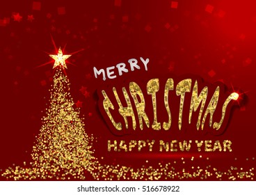 Christmas and happy new year Greeting Card. Merry Christmas and happy new year lettering on red background with golden christmas tree glittering, vector illustration