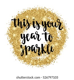 Christmas and Happy New Year greeting holidays hand lettering card. Decorative illustration with golden glitter texture. Vector elements for your design on white background.