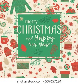 Christmas and Happy New Year greeting card, invitation with cute pattern in vector. Red and green gifts, mittens, caps, branches and snowflakes, and text.