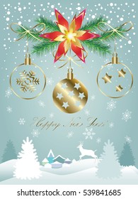 Christmas and Happy New Year greeting card background with Christmas balls, fir tree, reindeer, glitter, sparkle, falling snowflakes and confetti. Winter Holiday card decoration. Vector Illustration