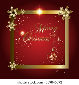 Christmas Happy New Year greeting card luxury red background 3D gold glitter, sparkle, falling snowflakes confetti. Christmas decoration, light effect sign vector template. Premium Holiday card 2022