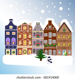 Christmas and Happy New Year greeting card. Flat Vector illustration. Winter house.