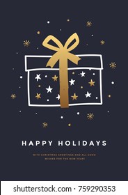 Christmas And Happy New Year Greeting Card With Decorative Elements Holiday. Hand-drawn Gift Box With Golden Ribbon And Stars. Vector Illustration.