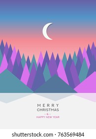 Christmas and Happy new year greeting card with abstract minimal nature landscape background.
