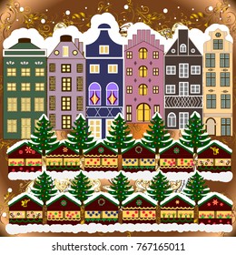 Christmas and Happy New Year greeting card. Flat Vector illustration. Winter house.