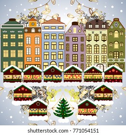 Christmas and Happy New Year greeting card. Flat Vector illustration. Winter house.