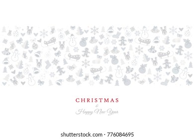 Christmas and Happy New Year greeting card with christmas symbols ornament, reindeer, snowflakes, snowman, christmas ball, icons, winter holiday banner isolated elements background, illustration