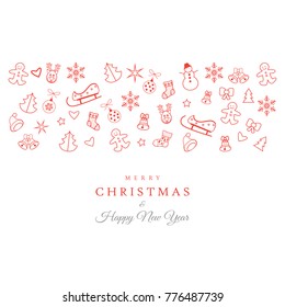 Christmas and Happy New Year greeting card with christmas symbols ornament, reindeer, snowflakes, snowman, christmas ball, gingerbread, icons, winter holiday banner logo isolated element illustration