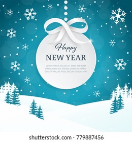 Christmas and Happy New Year greeting card background with snowflakes. Winter scene landscape background with falling snow. Xmas ball with the silver bow and ribbon. Paper 3d label. Vector.  