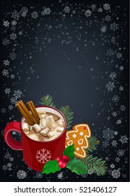 Christmas and Happy New Year greetings card. Hot chocolate with marshmallows, holly, fir and gingerbread Christmas cookie on snowflakes background. Vector elements for banner, poster, leaflet design.