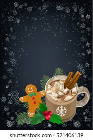 Christmas and Happy New Year greetings card. Hot chocolate with marshmallows, holly, fir and gingerbread cookie on snowflakes background. Vector elements for banner, poster, leaflet design.
