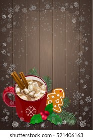 Christmas and Happy New Year greetings card. Hot chocolate with marshmallows, holly, fir and gingerbread cookie on snowflakes background. Vector elements for banner, poster, leaflet design.