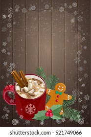 Christmas and Happy New Year greetings card. Hot chocolate with marshmallows, holly, fir and gingerbread cookie on snowflakes background. Vector elements for banner, poster, leaflet design.