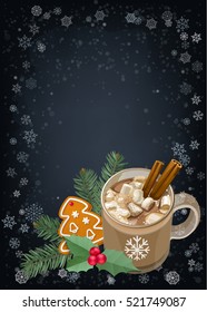 Christmas and Happy New Year greetings card. Hot chocolate with marshmallows, holly, fir and gingerbread cookie on snowflakes background. Vector elements for banner, poster, leaflet design.