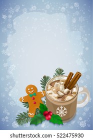 Christmas and Happy New Year greetings card. Hot chocolate with marshmallows, holly, fir and gingerbread Christmas cookie on snowflakes background. Vector elements for banner, poster, leaflet design.