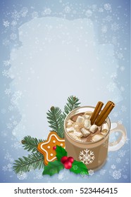 Christmas and Happy New Year greetings card. Hot chocolate with marshmallows, holly, fir and gingerbread Christmas cookie on snowflakes background. Vector elements for banner, poster, leaflet design.