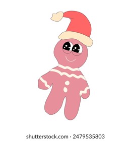 Christmas and Happy New Year groovy gingerbread character isolated. Winter holidays mascot. Retro hippie character in 60s, 70, y2k style with funny groovy xmas elements.