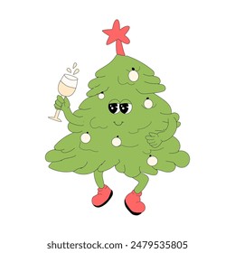 Christmas and Happy New Year groovy xmas tree character isolated. Winter holidays mascot. Retro hippie character in 60s, 70, y2k style with funny groovy xmas elements.