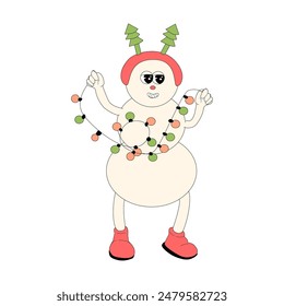 Christmas and Happy New Year groovy snowman character isolated. Winter holidays mascot. Retro hippie character in 60s, 70, y2k style with funny groovy xmas elements.