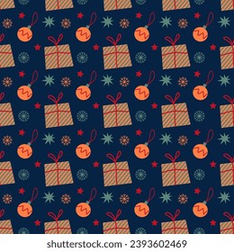 Christmas and Happy New Year hand drawn vector flat seamless pattern holiday illustration background snowflakes gifts, bows for invitation, textile, packaging, wrapping, card, wallpaper graphic design