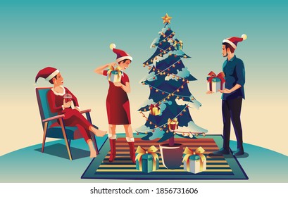 Christmas and Happy new year Happiness concept Family enjoy the celebration, decoration, and snowman holding gift with Merry Christmas greeting tree in Blue backgrounds pine tree, Vector Illustration 