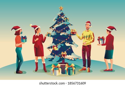 Christmas and Happy new year Happiness concept Family enjoy the celebration, decoration, and snowman holding gift with Merry Christmas greeting tree in Blue backgrounds pine tree, Vector Illustration 