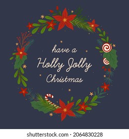 Christmas and Happy New Year holiday wreath.Modern vector layout with hand drawn traditional winter holiday symbols.Xmas trendy design for banners,invitations,prints,social media.