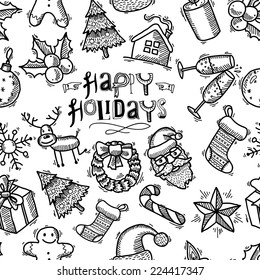 Christmas happy new year holiday decoration black and white sketch seamless pattern vector illustration