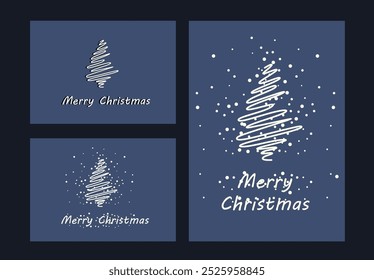 Christmas and happy new year holiday cover template vector set. Minimalistic one-line Christmas tree.